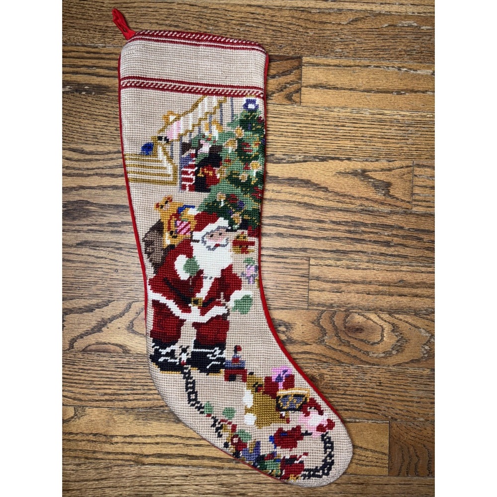 Vintage Needlepoint Christmas Santa Toys Stocking Red Velvet Back